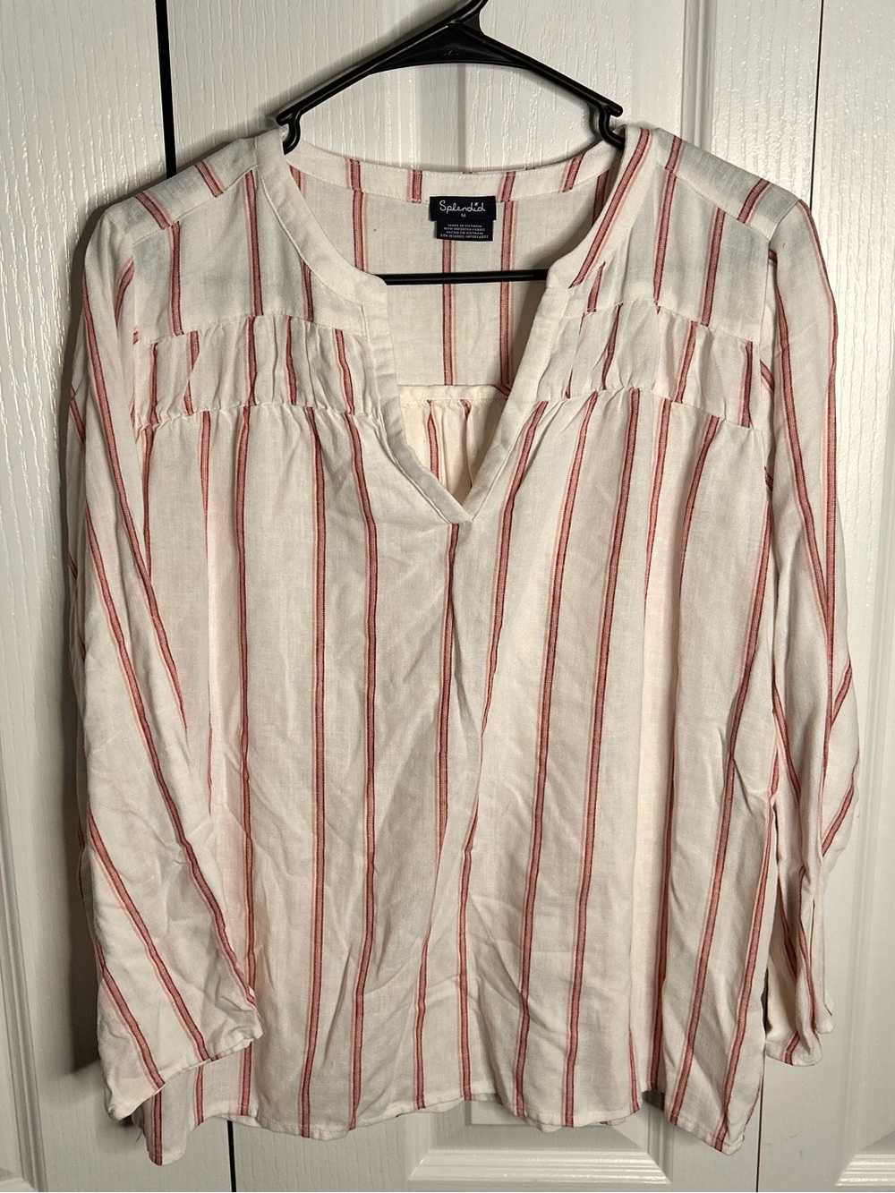 Splendid Womens Medium V-Neck
Stripe Peasant 3/4 Sleeve Linen
Blend White Blouse